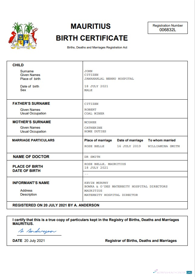 Download Mauritius vital record birth certificate Word and PDF template Photoshop template